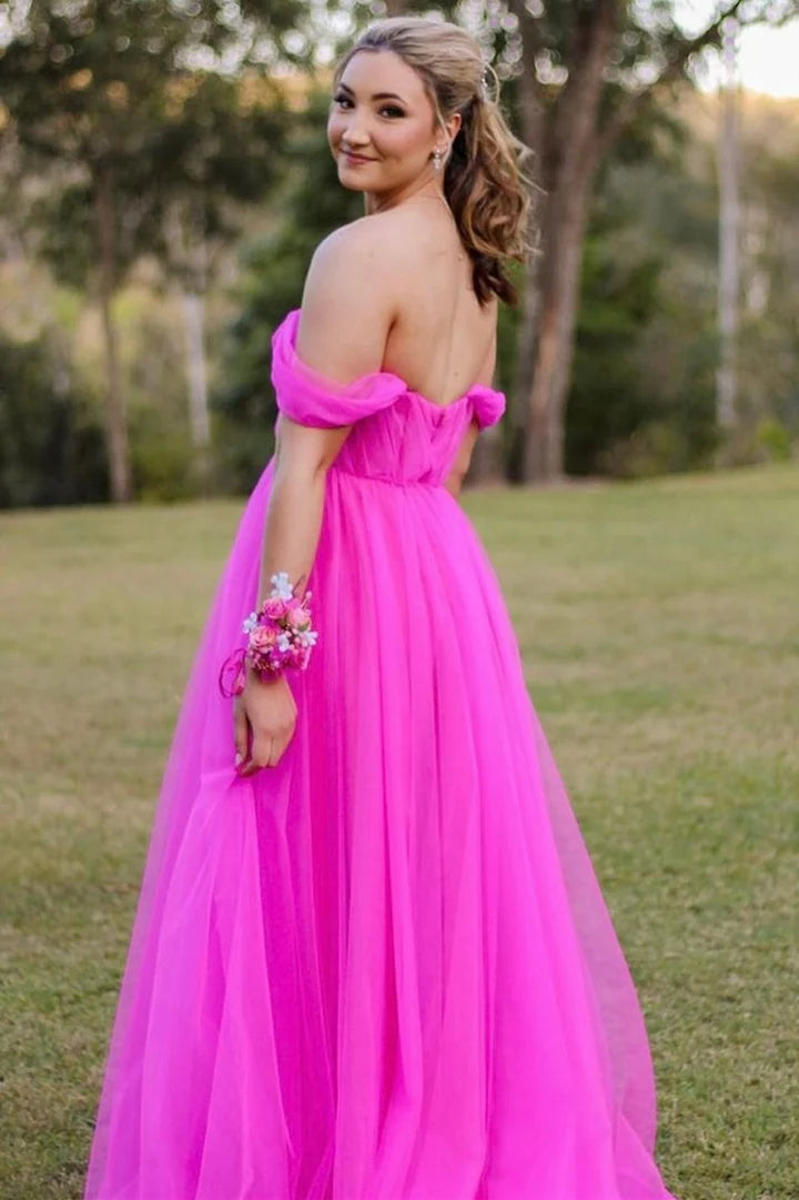 Vestido de fiesta con bustier de tul, largo hasta el suelo, corte A y hombros descubiertos